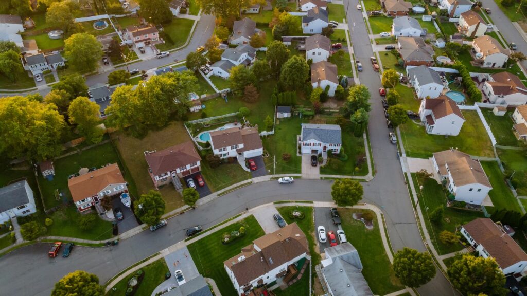 Aerial view of a residential district.
